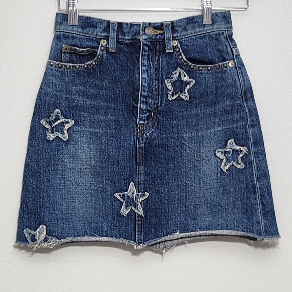 Saint Laurent Star Distressed Denim Star-Embellished Skirt - Picture 1 of 9